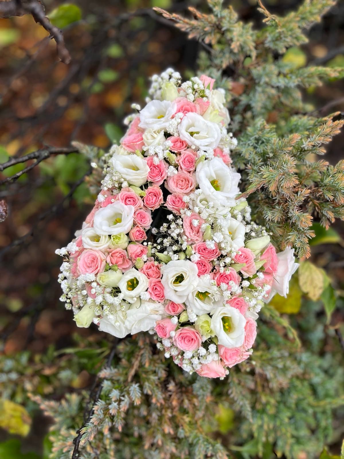 A heart-shaped arrangement of pink and white roses resting on fir branches